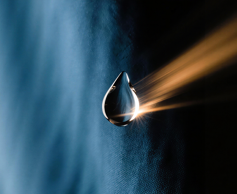 Abstract glass form catching silver and blue light